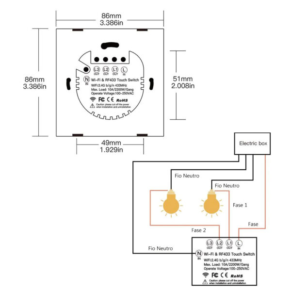 Interruptor WIFI + RF433 de Parede Touch Vidro 3 canais - Image 2