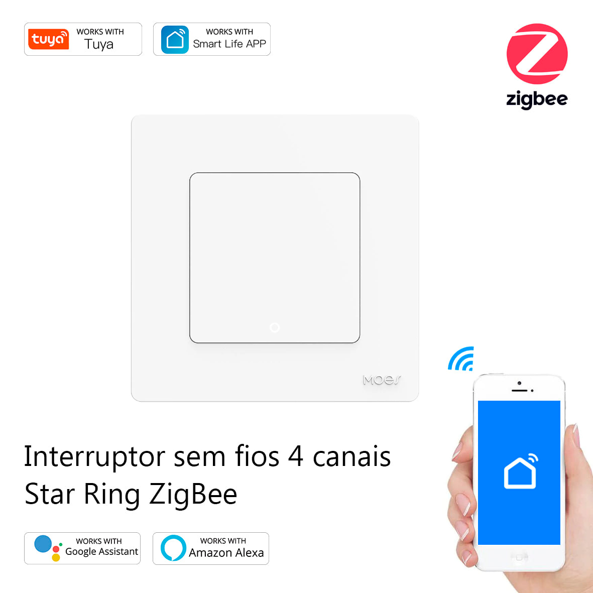 Interruptor sem fios 4 canais Star Ring ZigBee